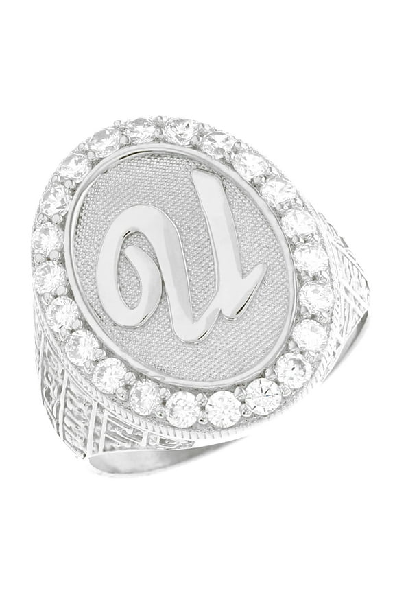 14k White Gold Mens Oval Halo White CZ Initial Letter U Ring