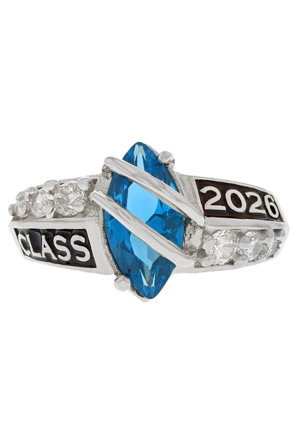 14k White Gold Simulated Blue Zircon December Birthstone 2026 Class Graduation Ring - Size 9.75