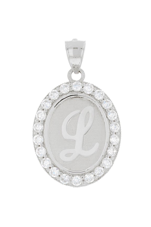 14k White Gold Unisex Oval Halo White CZ Initial Letter L Pendant