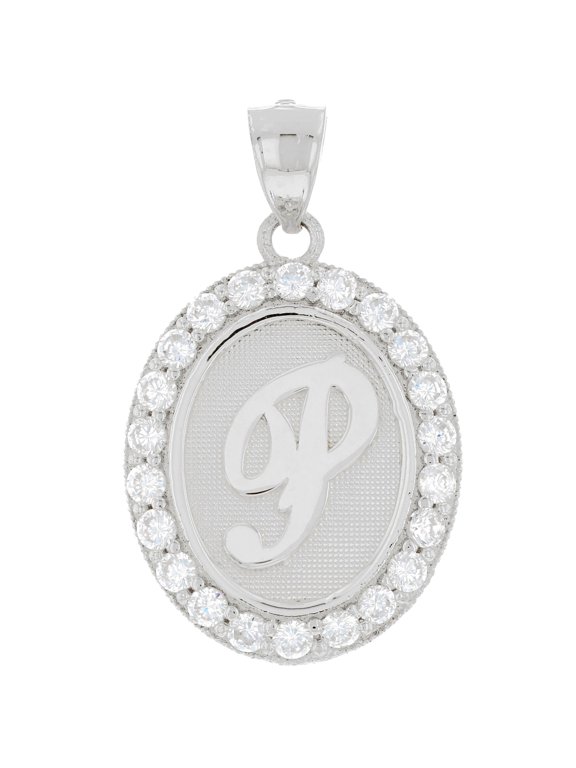 14k White Gold Unisex Oval Halo White CZ Initial Letter P Pendant