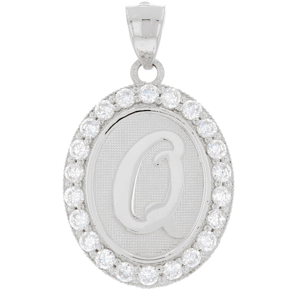 JackAni 14k White Gold Unisex Oval Halo White CZ Initial Letter Q Pendant
