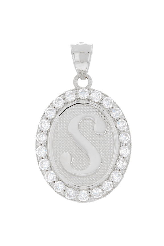 14k White Gold Unisex Oval Halo White CZ Initial Letter S Pendant