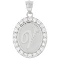 thumbnail image 1 of JackAni 14k White Gold Unisex Oval Halo White CZ Initial Letter V Pendant, 1 of 5