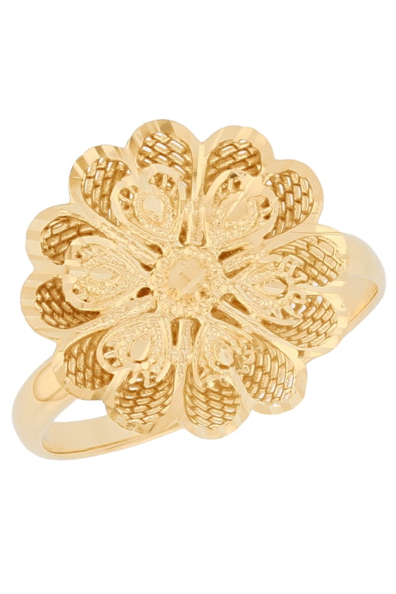 14k Yellow Gold Cute Floral Filigree Womens Diamond Cut Flower Ring - Size 6.50