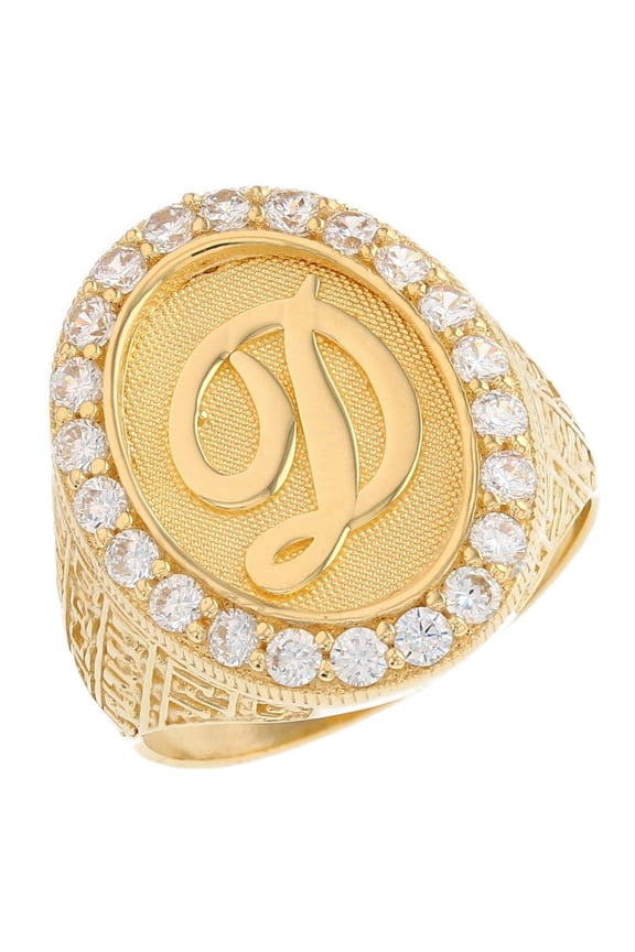14k Yellow Gold Mens Oval Halo White CZ Initial Letter D Ring