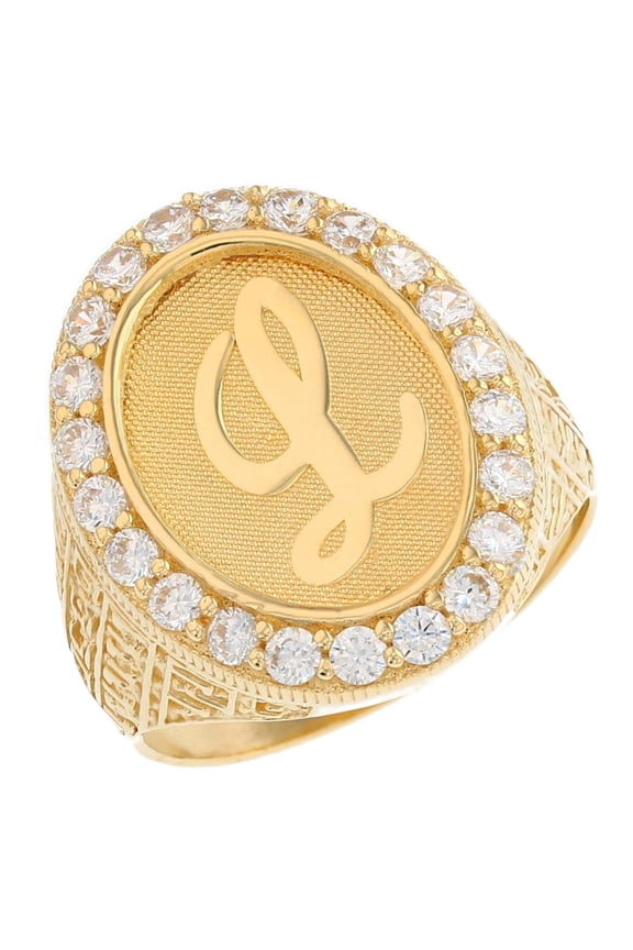 14k Yellow Gold Mens Oval Halo White CZ Initial Letter L Ring