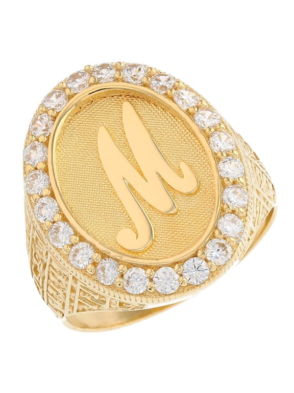 14k Yellow Gold Mens Oval Halo White CZ Initial Letter M Ring
