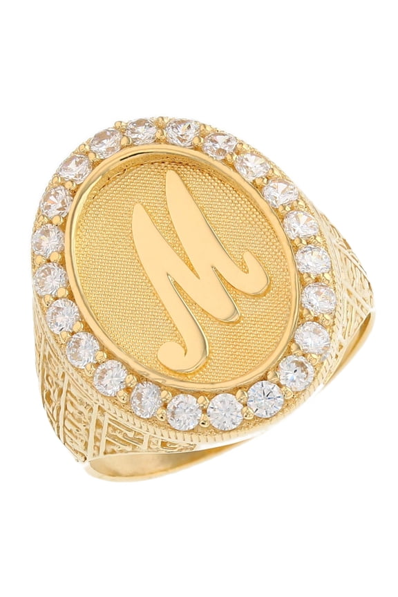 14k Yellow Gold Mens Oval Halo White CZ Initial Letter M Ring