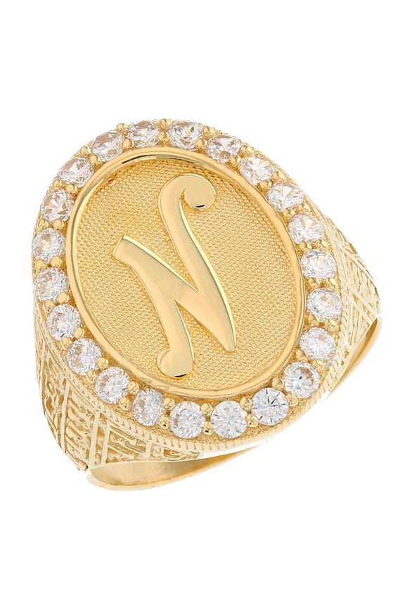 14k Yellow Gold Mens Oval Halo White CZ Initial Letter N Ring