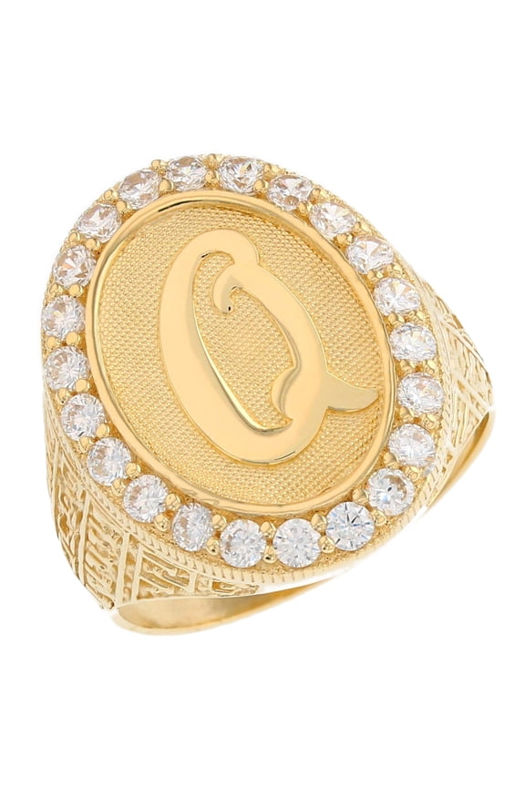 14k Yellow Gold Mens Oval Halo White CZ Initial Letter Q Ring