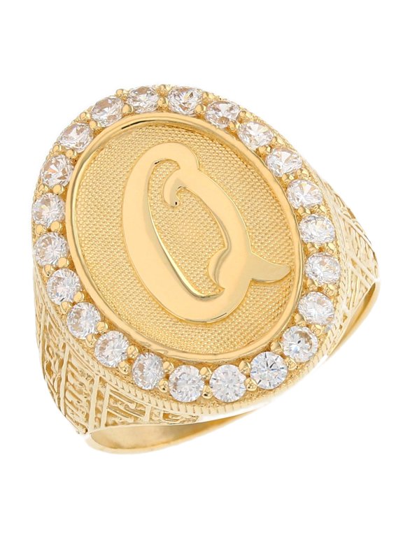 14k Yellow Gold Mens Oval Halo White CZ Initial Letter Q Ring