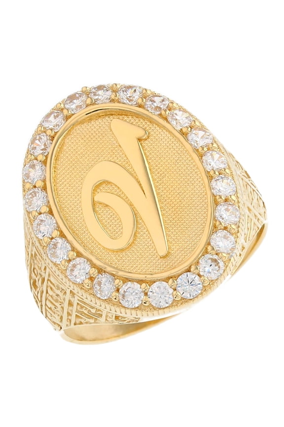 14k Yellow Gold Mens Oval Halo White CZ Initial Letter V Ring
