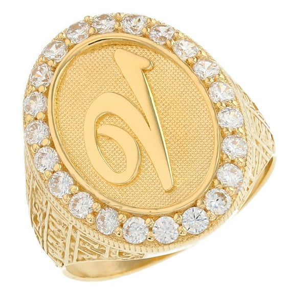JackAni 14k Yellow Gold Mens Oval Halo White CZ Initial Letter V Ring