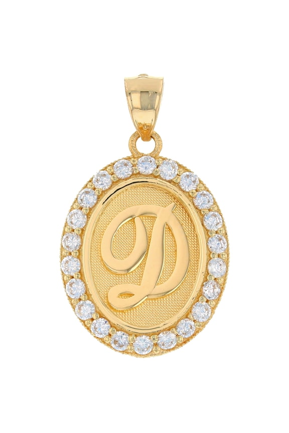 14k Yellow Gold Unisex Oval Halo White CZ Initial Letter D Pendant