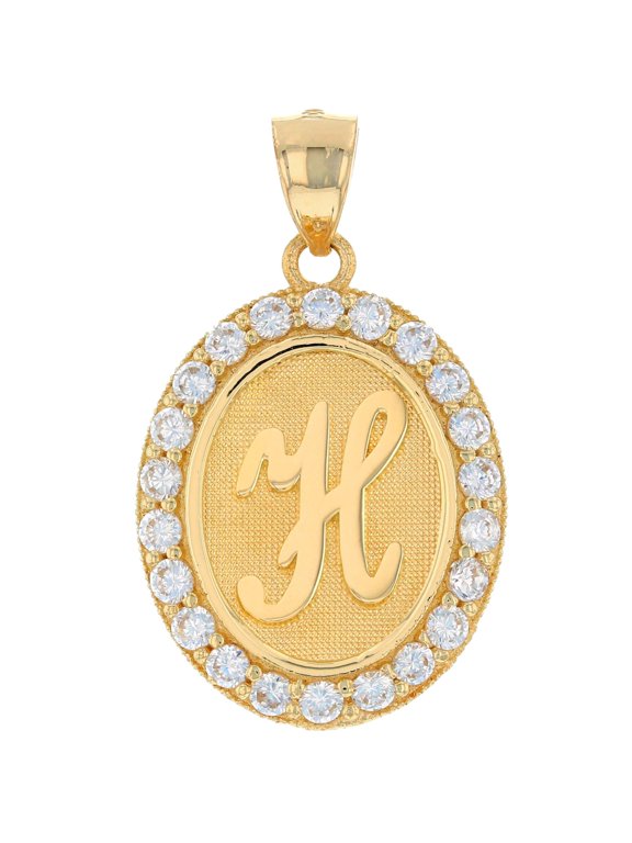 14k Yellow Gold Unisex Oval Halo White CZ Initial Letter H Pendant