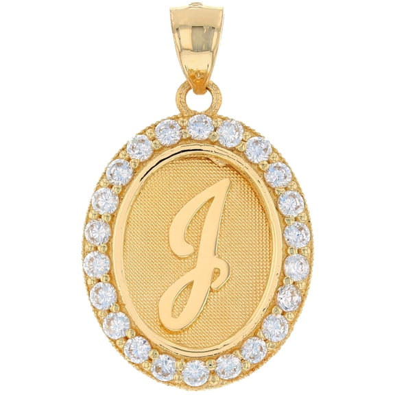 JackAni 14k Yellow Gold Unisex Oval Halo White CZ Initial Letter J Pendant