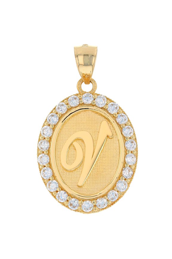 14k Yellow Gold Unisex Oval Halo White CZ Initial Letter V Pendant