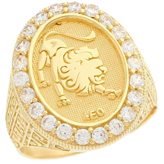 JackAni 14k Yellow Gold Zodiac Leo Oval Halo White CZ Men's Heavy Ring
