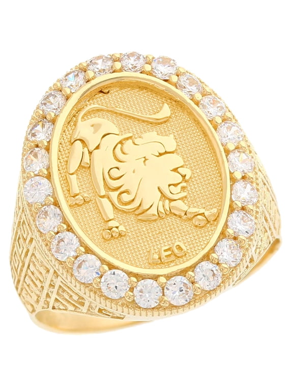 14k Yellow Gold Zodiac Leo Oval Halo White CZ Men's Heavy Ring