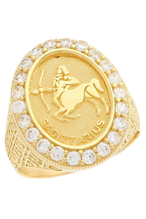 14k Yellow Gold Zodiac Sagittarius Oval Halo White CZ Men's Heavy Ring