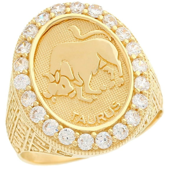 JackAni 14k Yellow Gold Zodiac Taurus Oval Halo White CZ Men's Heavy Ring