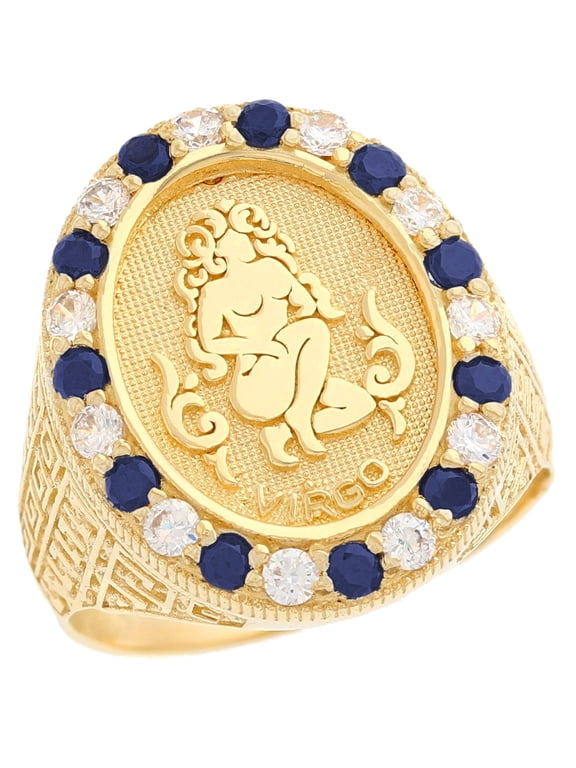 14k Yellow Gold Zodiac Virgo Oval Halo Blue Sapphire and Diamond Men's Heavy Ring