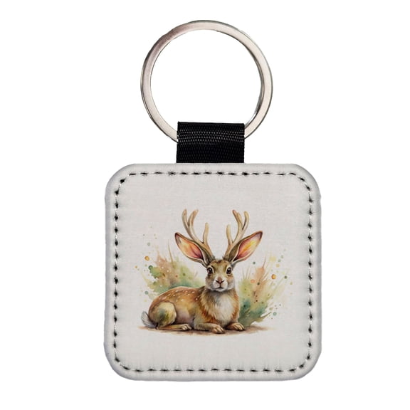 Jackalope Watercolor Faux Leather Square Keychain