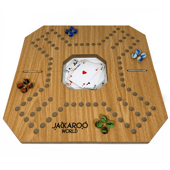 Jackaroo Board Game - 2-4 Player Cards and Marbles Board Game - Marble Chase Game - Carbles Board Game with Cards - Jokers and Marbles Board Game Wooden Board Foldable and Open in The Middle (Oak)