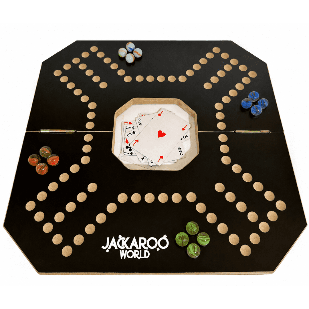 Jackaroo Board Game - 2-4 Player Cards and Marbles Board Game - Marble Chase Game - Joker Game Board with Marbles - Marbles and Jokers Board Game Wooden Board Foldable and Open in The Middle (Black)
