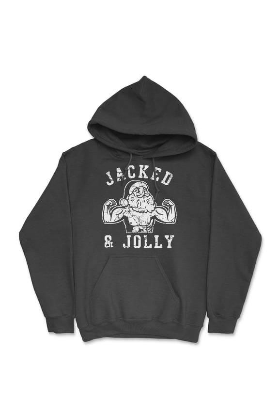 Jacked and Jolly Unisex Hoodie Funny Sarcastic Christmas Buff Santa Graphic Hooded Sweatshirt