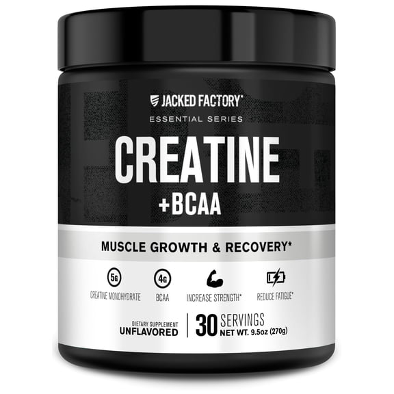 Jacked Factory Creatine + BCAAs - Creatine Monohydrate + BCAA Powder for Increased Post-Workout Recovery, Performance, Lean Muscle Growth, & Reduced Fatigue - 30 Servings, Unflavored