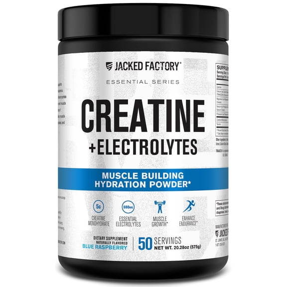 Jacked Factory Creatine + Electrolytes - Creatine Monohydrate with Taurine, Calcium, Sodium, & Potassium to Increase Muscle Growth, Strength, Hydration, & Endurance - 50 Servings, Blue Raspberry