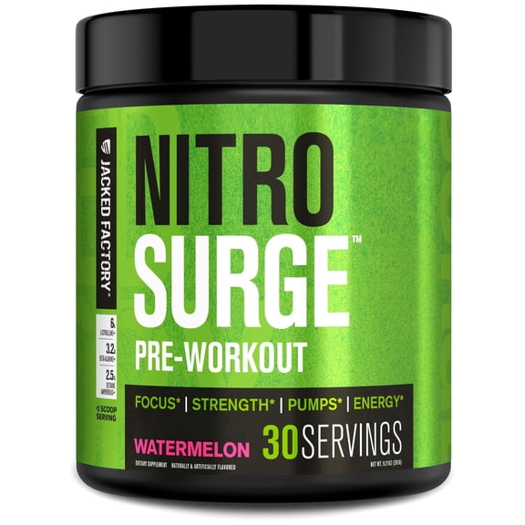 Jacked Factory NITROSURGE Pre Workout Supplement - Endless Energy, Instant Strength Gains, Clear Focus and Intense Pumps - NO Booster & Powerful Preworkout Energy Powder - 30 Servings, Watermelon