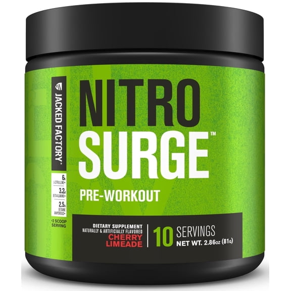 Jacked Factory NITROSURGE Pre Workout Supplement - Endless Energy, Instant Strength Gains, Clear Focus, Intense Pumps - NO Booster & Preworkout Powder with Beta Alanine - 10 Servings, Cherry Limeade