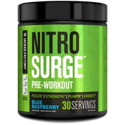 Jacked Factory NITROSURGE Pre Workout Supplement - Energy Booster, Instant Strength Gains, Clear Focus, Intense Pumps - NO Booster & Powerful Preworkout Energy Powder - 30 Servings, Blue Raspberry