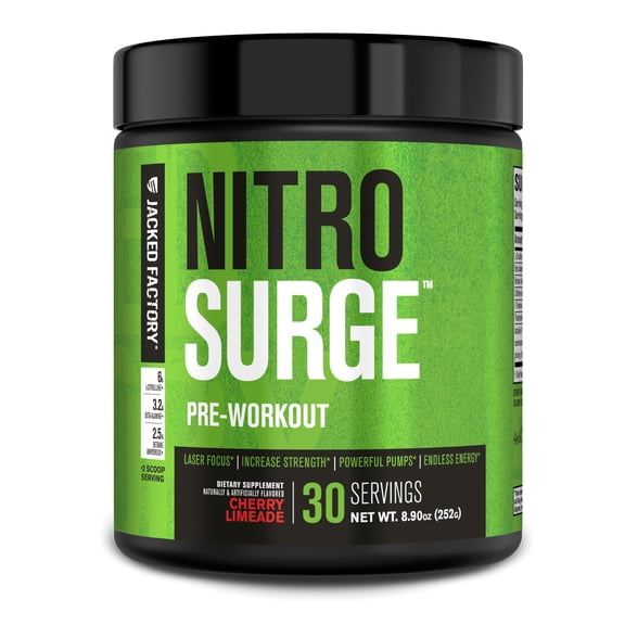 Jacked Factory NITROSURGE Pre Workout Supplement - Energy Booster, Instant Strength Gains, Clear Focus, & Intense Pumps - NO Booster & Powerful Preworkout Energy Powder - 30 Servings, Cherry Limeade