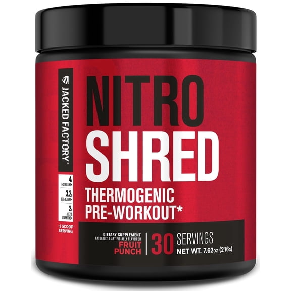 Jacked Factory NITROSURGE Shred Pre Workout Supplement - Energy Booster, Instant Strength Gains, Sharp Focus, Powerful Pumps - Nitric Oxide Booster & PreWorkout Powder - 30Sv, Fruit Punch