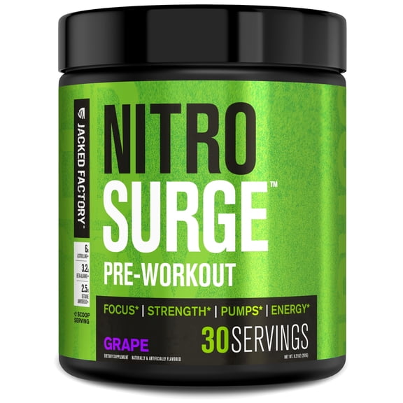 Jacked Factory NITROSURGE Pre Workout Supplement - Endless Energy, Instant Strength Gains, Clear Focus, Intense Pumps - Nitric Oxide Booster & Powerful Preworkout Energy Powder - 30 Servings, Grape