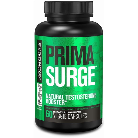 Jacked Factory Testosterone Booster for Men PRIMASURGE - w/Tongkat Ali, PrimaVie, Ashwagandha - Boost Vitality, Muscle Growth & Energy | Natural Test Booster Supplement - 60 Veggie Pills