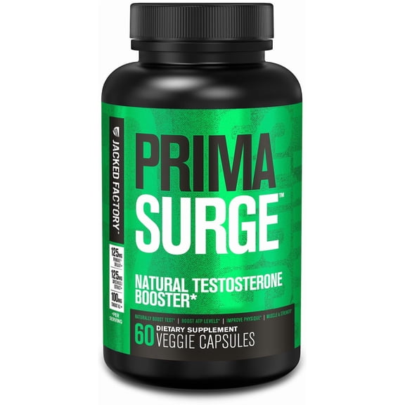 Jacked Factory Testosterone Booster for Men PRIMASURGE - w/Tongkat Ali, PrimaVie, Ashwagandha - Boost Vitality, Muscle Growth & Energy | Natural Test Booster Supplement - 60 Veggie Pills