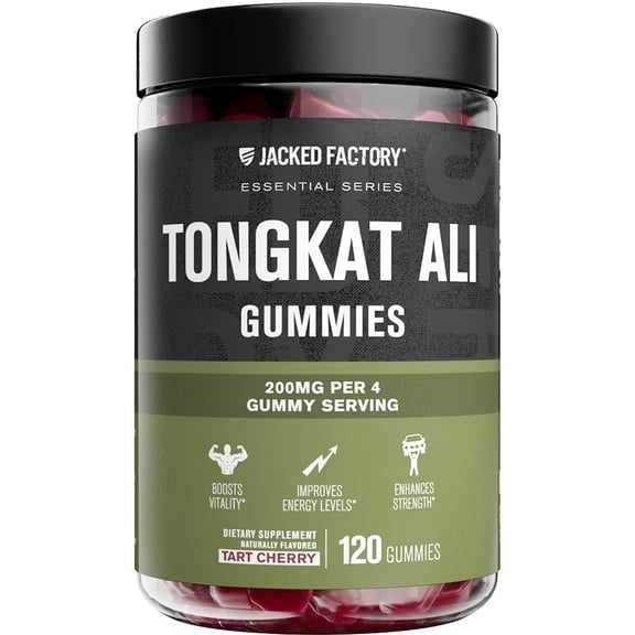 Jacked Factory Tongkat Ali Gummies - 100:1 Tongkat-Ali (Eurycoma Longifolia) Extract for Enhanced Vitality, Improved Energy Levels, Increased Strength, & Lean Muscle Growth - 120 Count, Tart Cherry