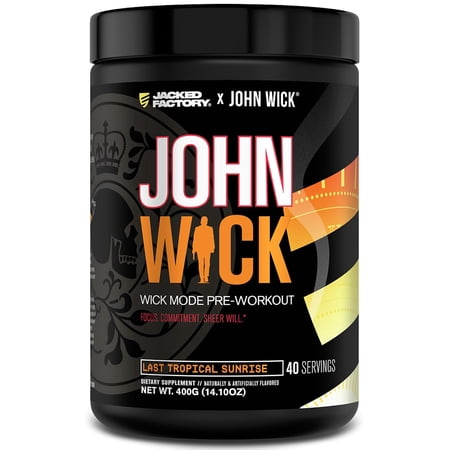 Jacked Factory X John Wick - Wick Mode Pre Workout Powder - Intense Energy, Battle-Ready Focus, Unstoppable Commitment, and Sheer Will - 40 Servings, Last Tropical Sunrise