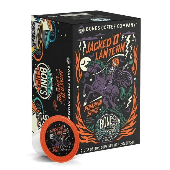 Bones Coffee Company Flavored Coffee Bones Cups Jacked O' Lantern Bones Pods | 12ct Single-Serve Coffee Pods Compatible with Keurig 1.0 & 2.0 Keurig Coffee Maker