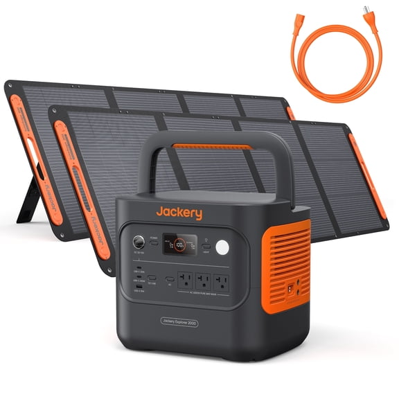 Jackery Explorer 2000 v2 Portable Power Station with 2x200W Solar Panels and AC Extension Cable, 2032Wh LiFePO4 Battery,Rapid Charging for Home Backup, Emergencies, Outdoor Camping