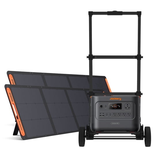 Jackery HP3000AC Portable Power Station and Hand Truck with 2x 200W Solar Panels for Home Backup, Power Outage, RV, Emergencies - 3600W (Surge 7200W) Output, 3062Wh LFP Battery