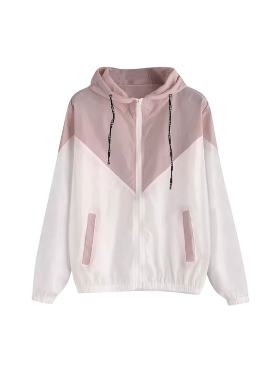 Jacket Coat Long Sleeve New Women's Casual Color Block Drawstring Hooded Windbreaker Jacket Raincoat Women Lightweight Waterproof Rain Packable Outdoor Jackets Pinky S New