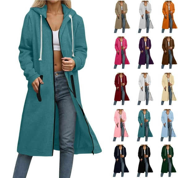 Jacket Coat Women Woman Hoodie Women's Solid Color Zipper Double Pocket Sweatshirt Long Sleeved Hooded Zipper Long Casual Outwear Sky Blue XXL