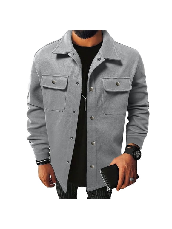 Jacket Coats for Men,Men's Wool Jackets Casual Long Sleeve Shacket Button Down Shirt Jacket with Flat Pockets Fall Warm Work Stylish Coat