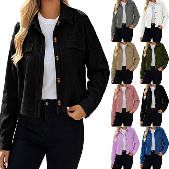 Jacket Dqueduo Women's Solid Corduroy Cropped Shacket Jacket – Button-Down Long Sleeve Casual Coat Black S