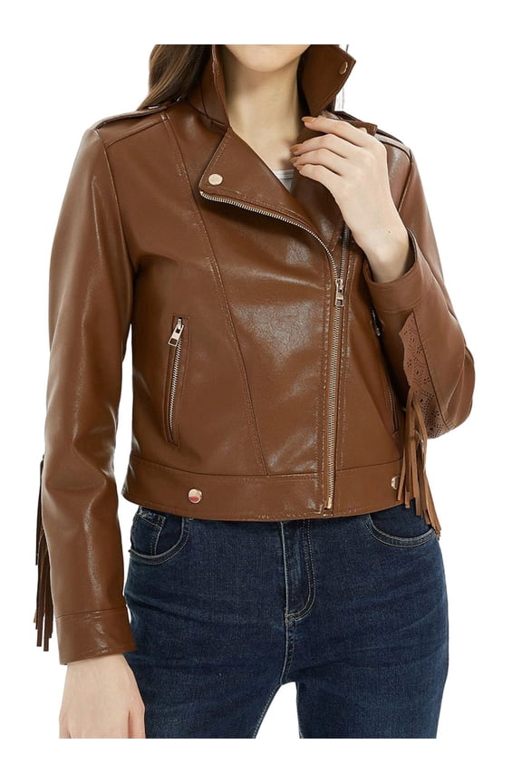 Jacket Faux Leather Women Tassel Leather Motorcycle Jacket Women Fall Streetwear Brown XL